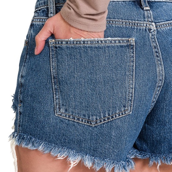05 Boho Medium Wash Distressed Denim Shorts - Picture 6 of 6